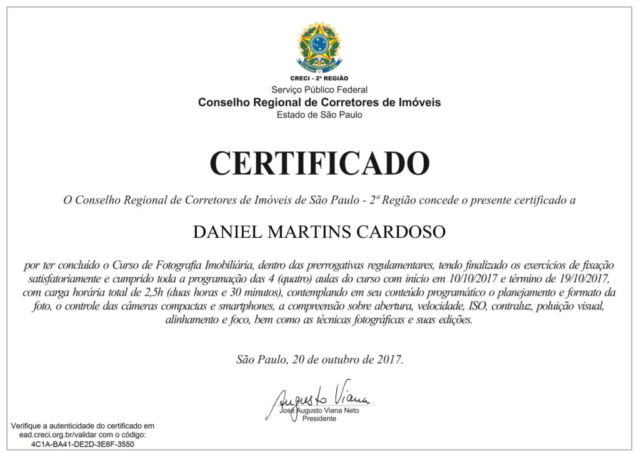 Certificado Curso de Fotografia Imobiliária CRECI