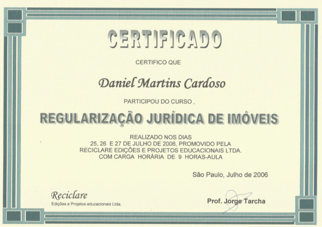 Certificado Regularização Jurídica de Imóveis - Jorge Tarcha